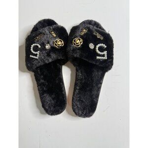 Black Faux Fur Slides W/ Pearl & Gold Embellishments Womens